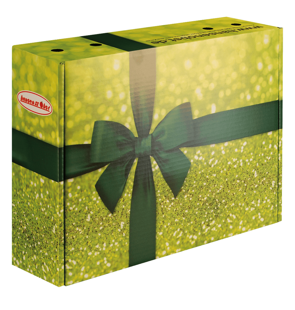 Verpackungsdesign: "Die Moderne" (hellgrüne Box mit dunkelgrüner Schleife)