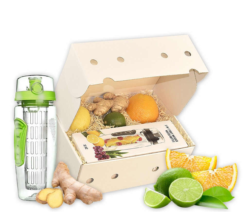 Obstbox Infused Water mit frischem Obst, Infused Water Flasche und Rezeptbuch in einer Geschenkbox