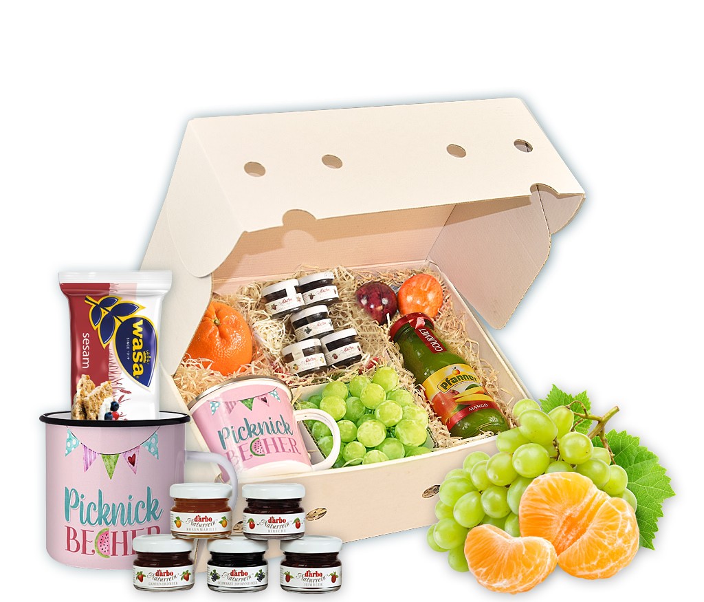Obstbox "Picknick" mit frischem Obst, Saft, Glasflasche, Frühstücksbrettchen und Emaillebecher, Marmelade und Knäckebrot