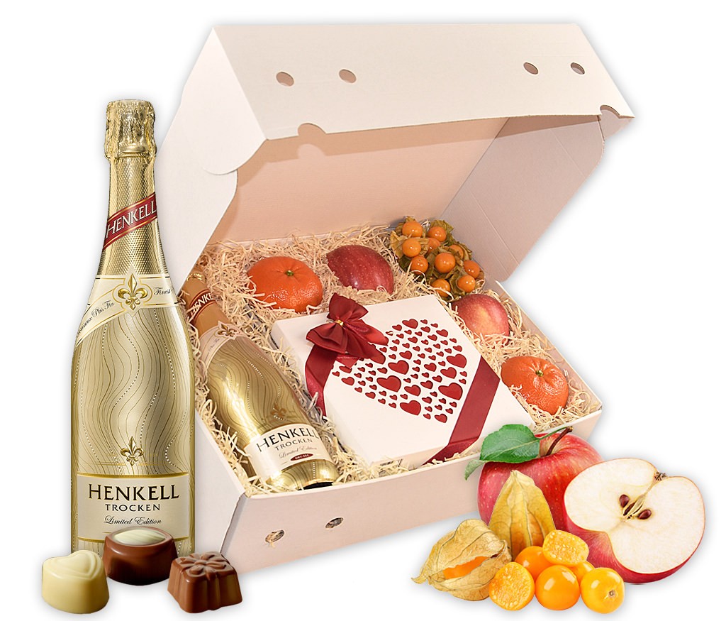 Geschenkbox Valentinstag mit prickelndem Sekt, belgischen Pralinen und frischem Obst