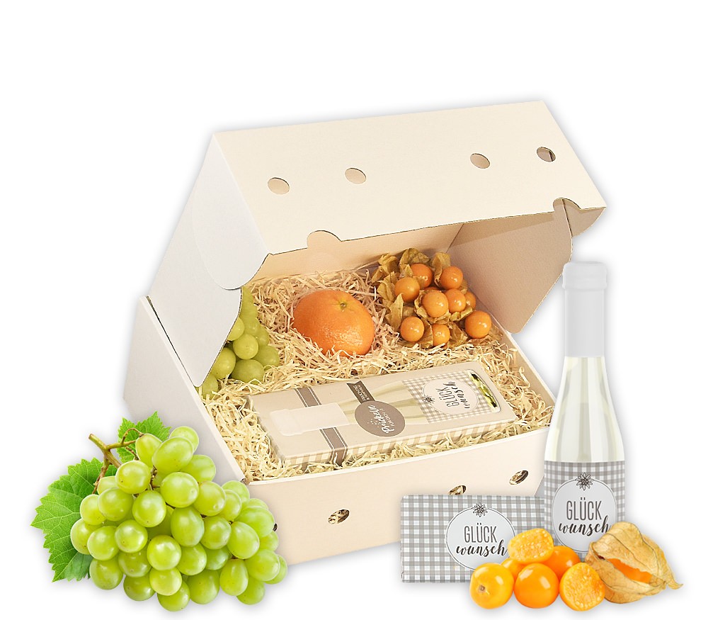 Obstbox Geburtstagsprickeln mit frischem Obst mit Geburtstags-Prosecco und Windlicht