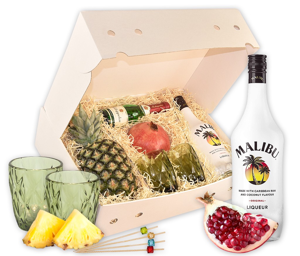 Obstbox mit fruchtigem Malibu Likör, prickelndem Sekt, Bowlegläser und exotischem Obst