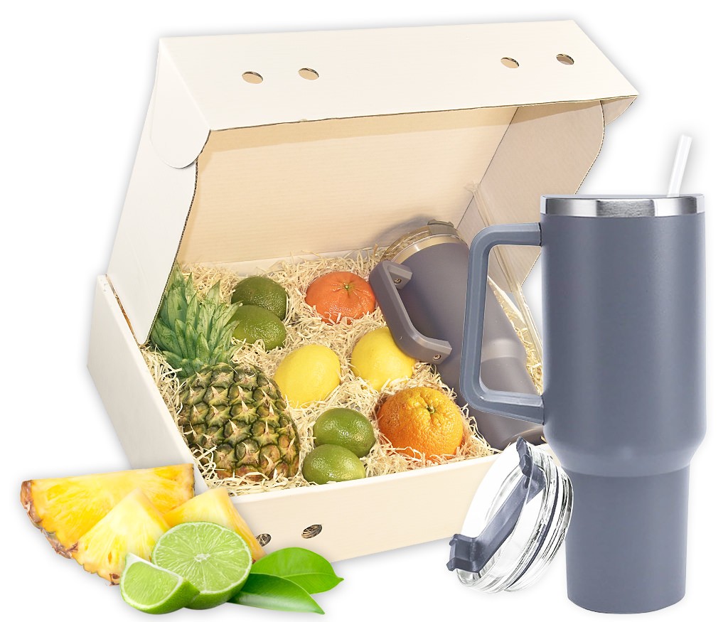 Geschenkbox Thirst Quenscher mit frischem Obst und doppelwandigem Edelstahl-Vakuum- Isolierbecher mit Strohhalm