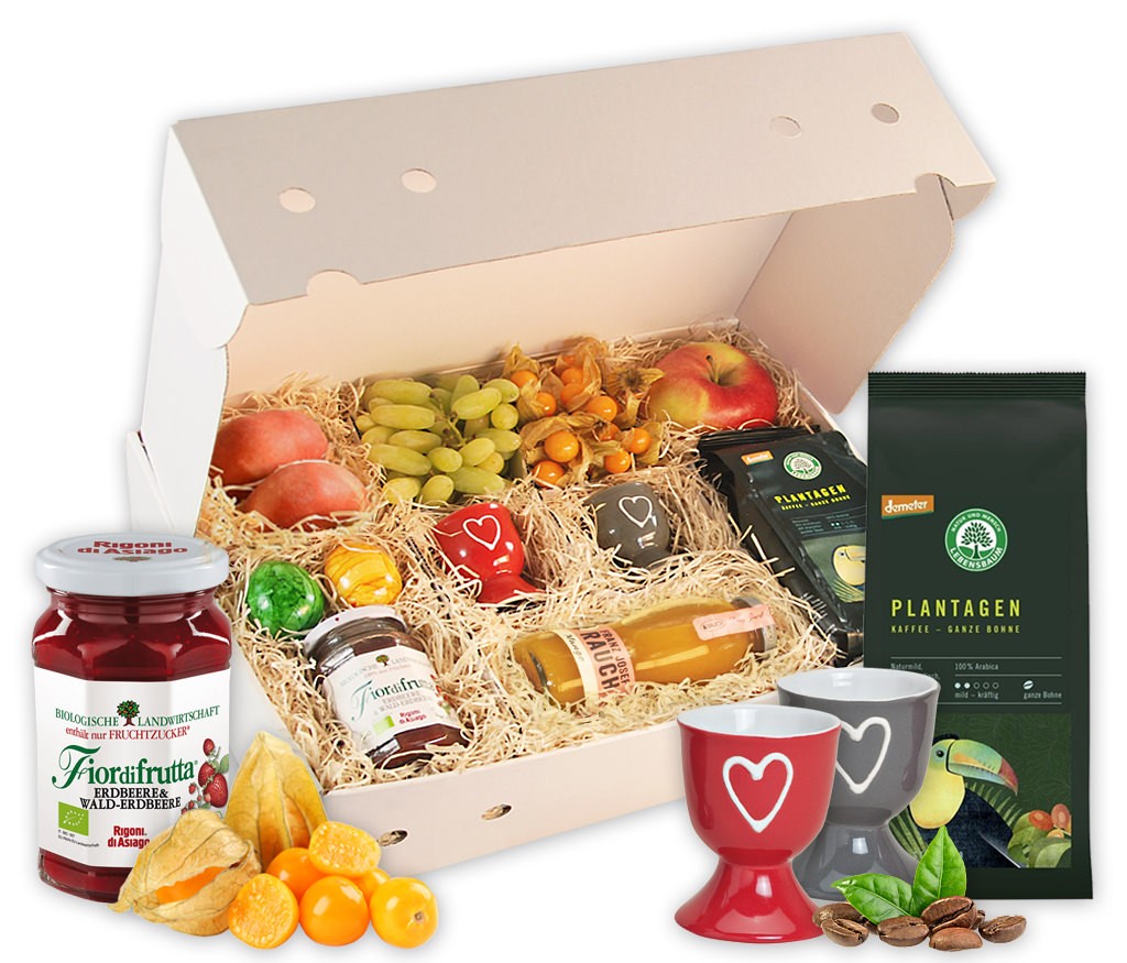 Obstbox Frühstück mit vitaminreichen Obst, süßer Marmelade und BIO Plantagen-Kaffee