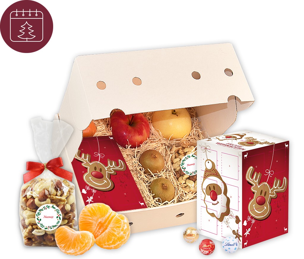 Geschenkbox Adventskalender mit Ritter SPORT Adventskalender, Nussmix und frischem Obst