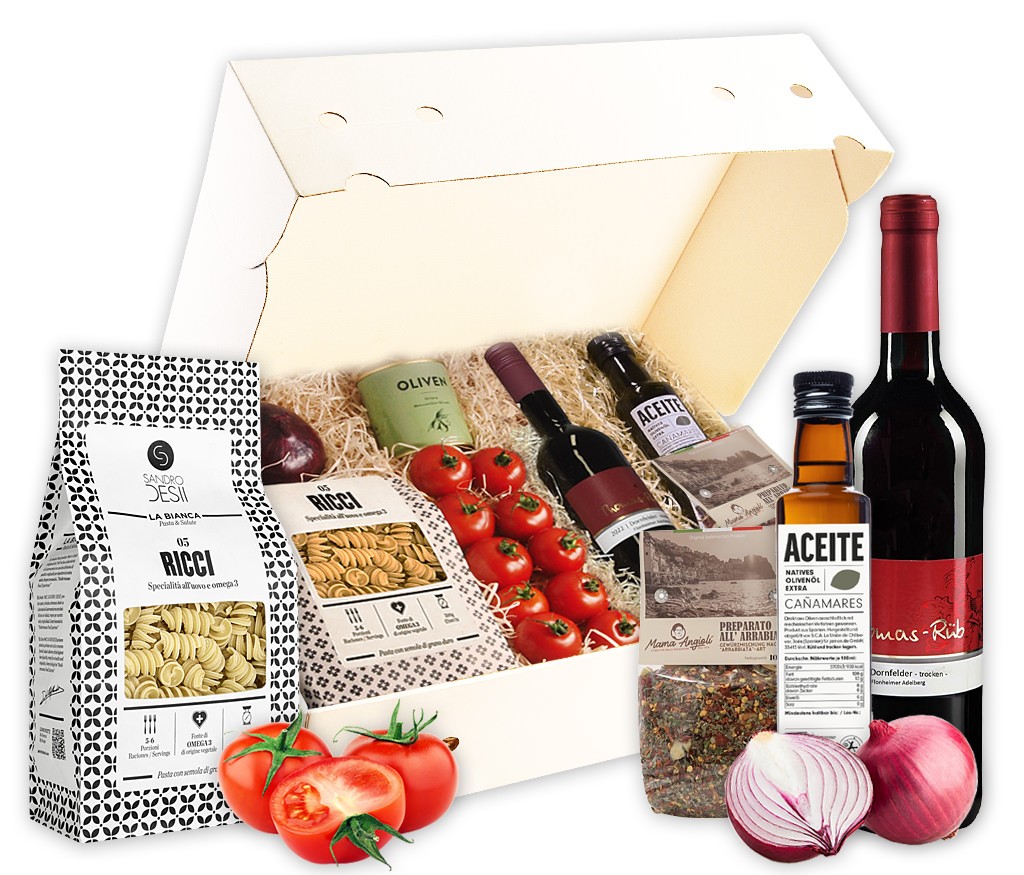 Kochbox italienisches Pastagericht mit Nudeln, frischen Tomaten und Zwiebeln, Olivenöl, Oliven, BIO Pasta-Gewürz und Rotwein