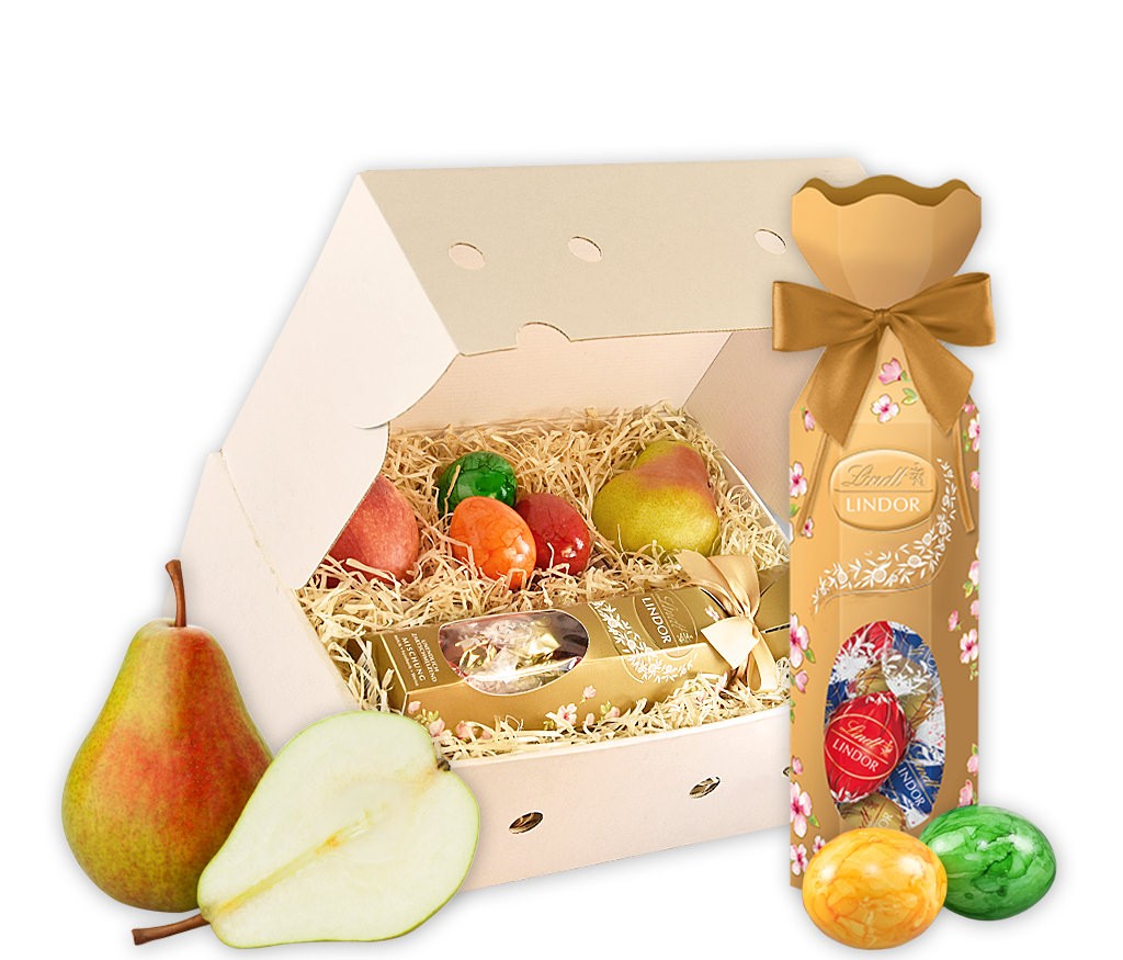 Geschenkbox Kleines Ostergeschenk mit bunten Eiern, Schokoladeneiern und frischem Obst
