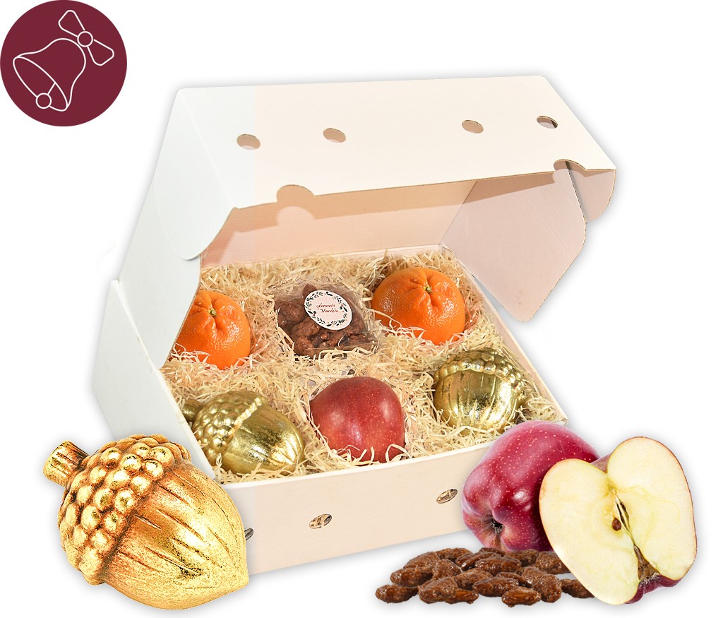 Obstbox Goldene Weihnachten mit goldfarbenen Eichelnüssen, gebrannten Mandeln und Obst