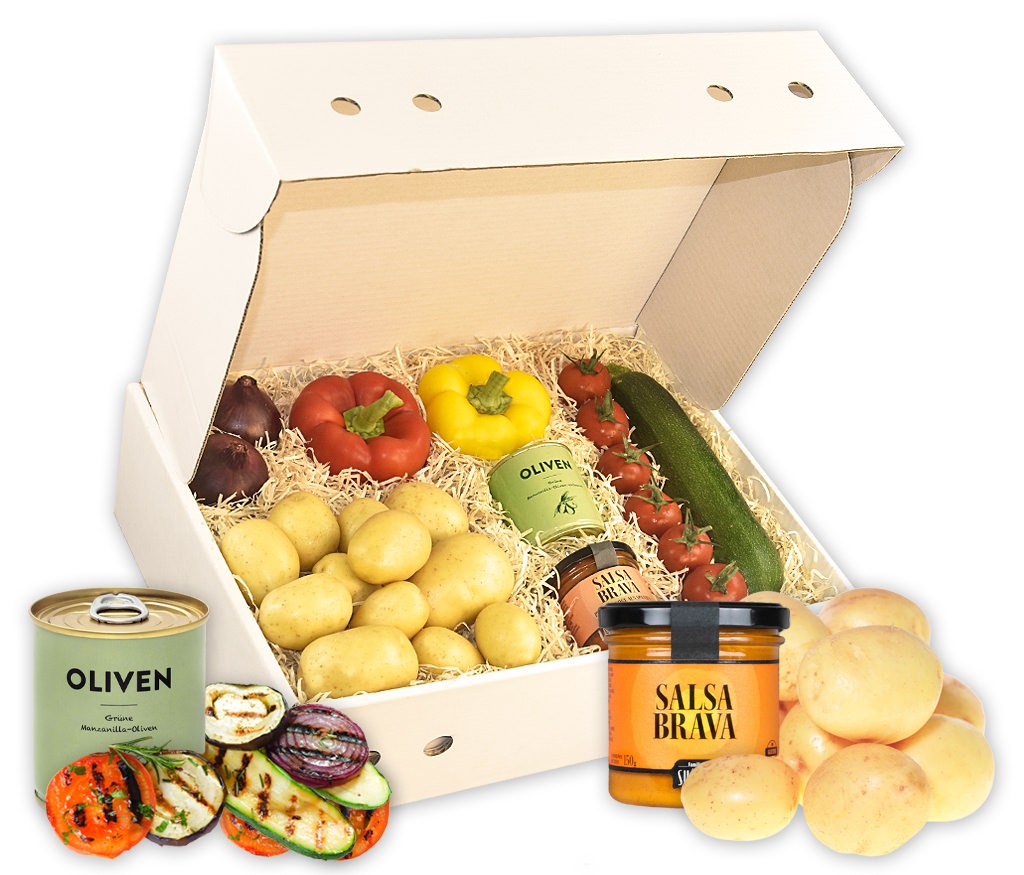 Kartoffel-Grillbox mit Kartoffeln, Zucchini, Tomaten, Paprika, Zwiebeln, Oliven und Dip