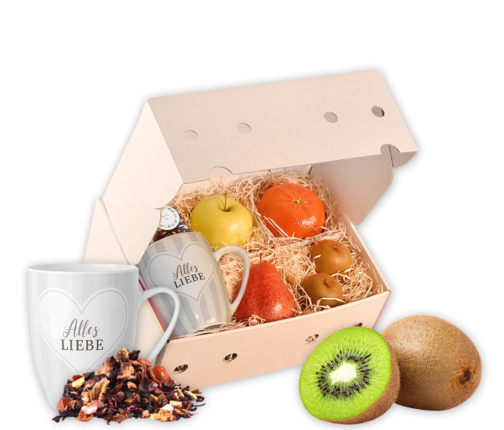 Obstbox Allerbeste Omi mit leckeren Früchten, einer Allerbesten-Omi-Tasse und aromatischem Früchtetee in einer dekorativen Geschenkbox