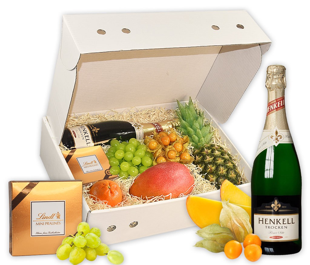 Geschenkbox Jubiläum mit Sekt oder Champagner, Pralinen und frischem Obst