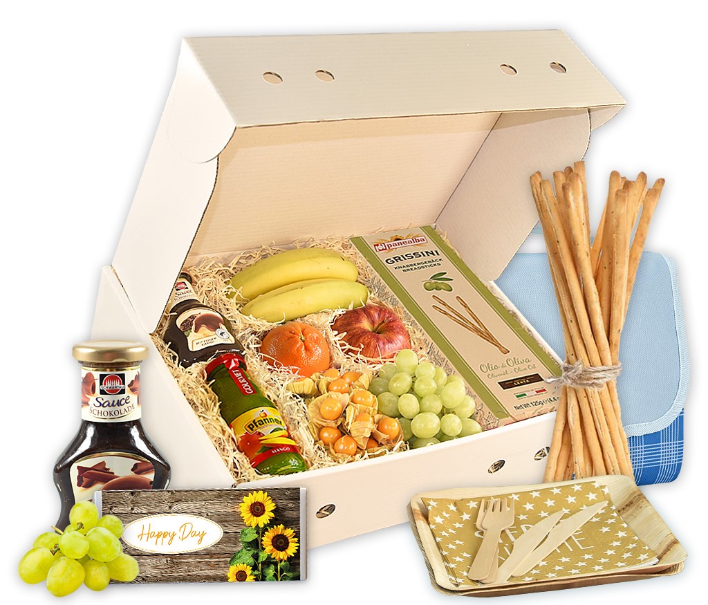 Obstbox Süßes Picknick, getrocknete Früchte, frisches Obst, Saft und Schokosauce für ein Picknick im Grünen