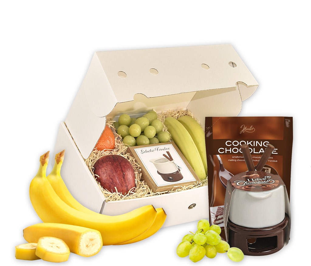 Geschenkbox Schoko-Fondue mit friscjem Obst sowie Schoko-Fondue-Set und Schokolade