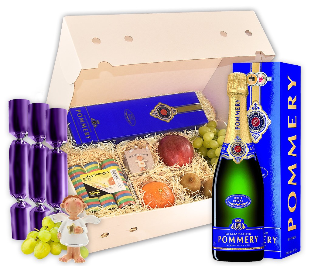Geschenkbox für Silvester mit Sekt, Luftschlangen, Knallbonbon, Schutzengel und frischem Obst