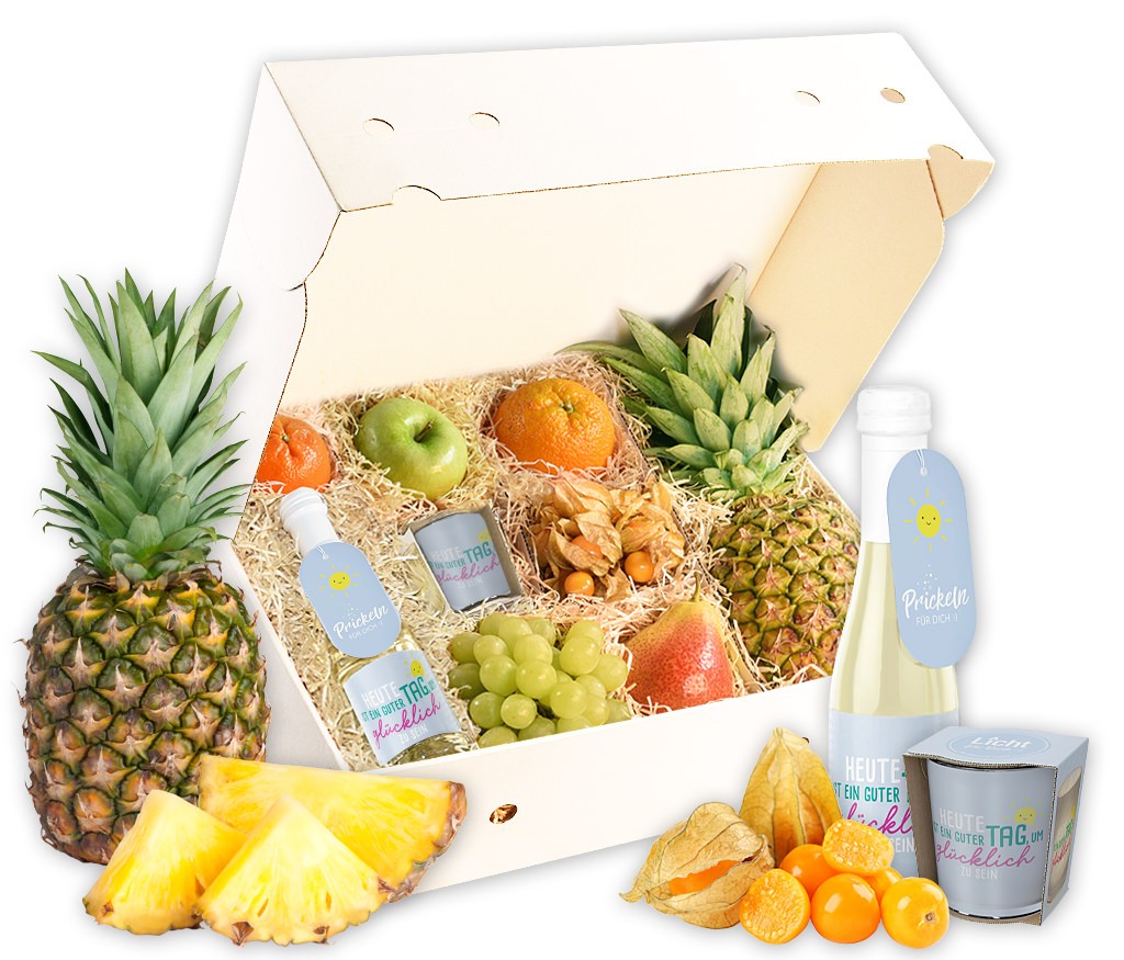 Obstbox Herzlichen Glückwunsch mit frischem Obst, Windlicht und Geburtstags-Prosecco
