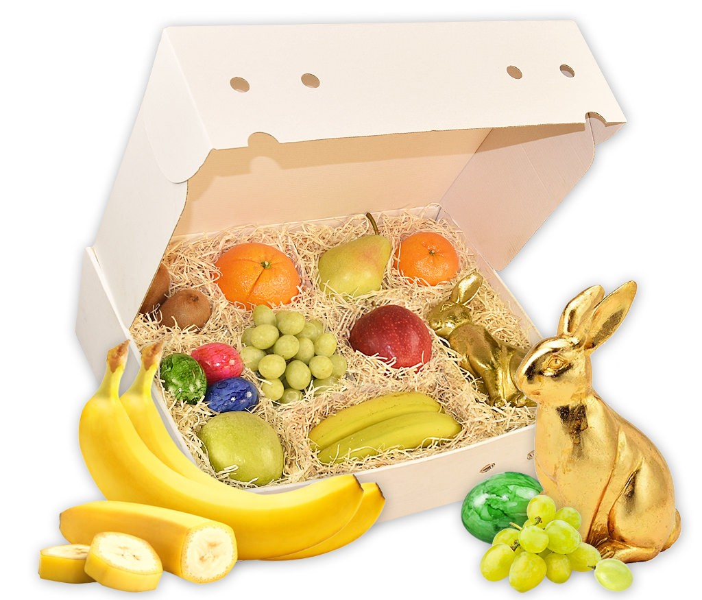 Obstbox Hasenliebe mit Deko-Osterhasen, bunten Eiern und frischem Obst