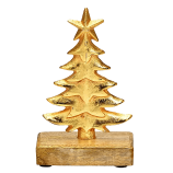 goldfarbiger Tannenbaum aus Metall auf Mangoholz (B10xH16xT5 cm)