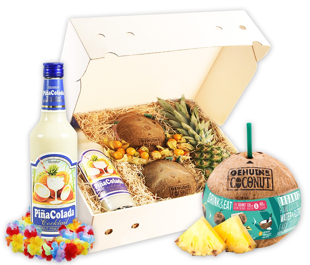 Geschenkbox Beach Party mit Ananas, Physalis, Kokosnüssen, Pinacolada, Hawaiiketten und Vintage-Schild