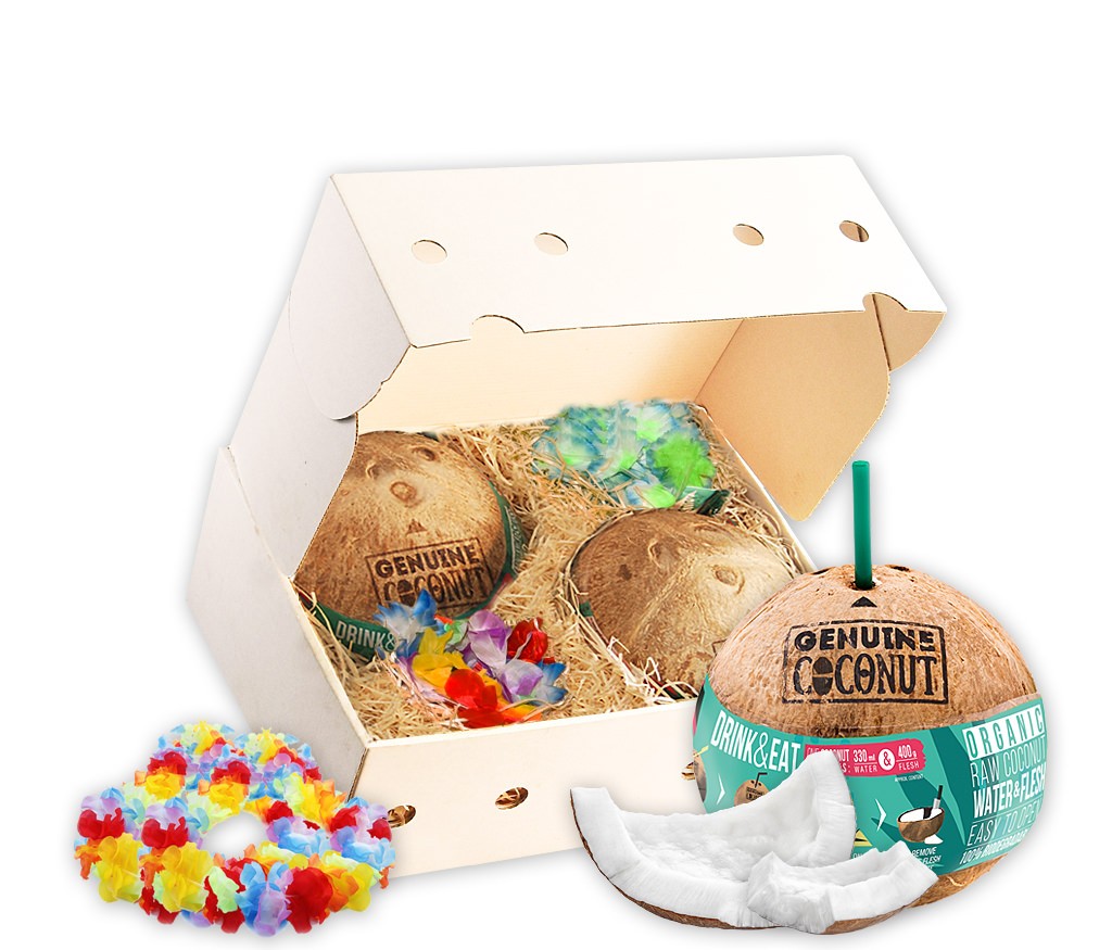 Geschenkbox Kokosnuss für Zwei mit BIO Trinkkokosnüssen und Hawaii-Ketten