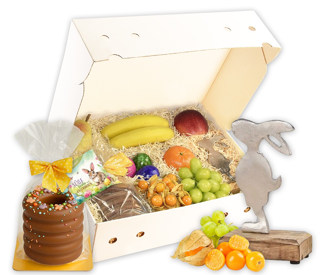 Obstbox Osterüberraschung mit Metallhasen, Baumkuchen, bunten Eiern und frischem Obst