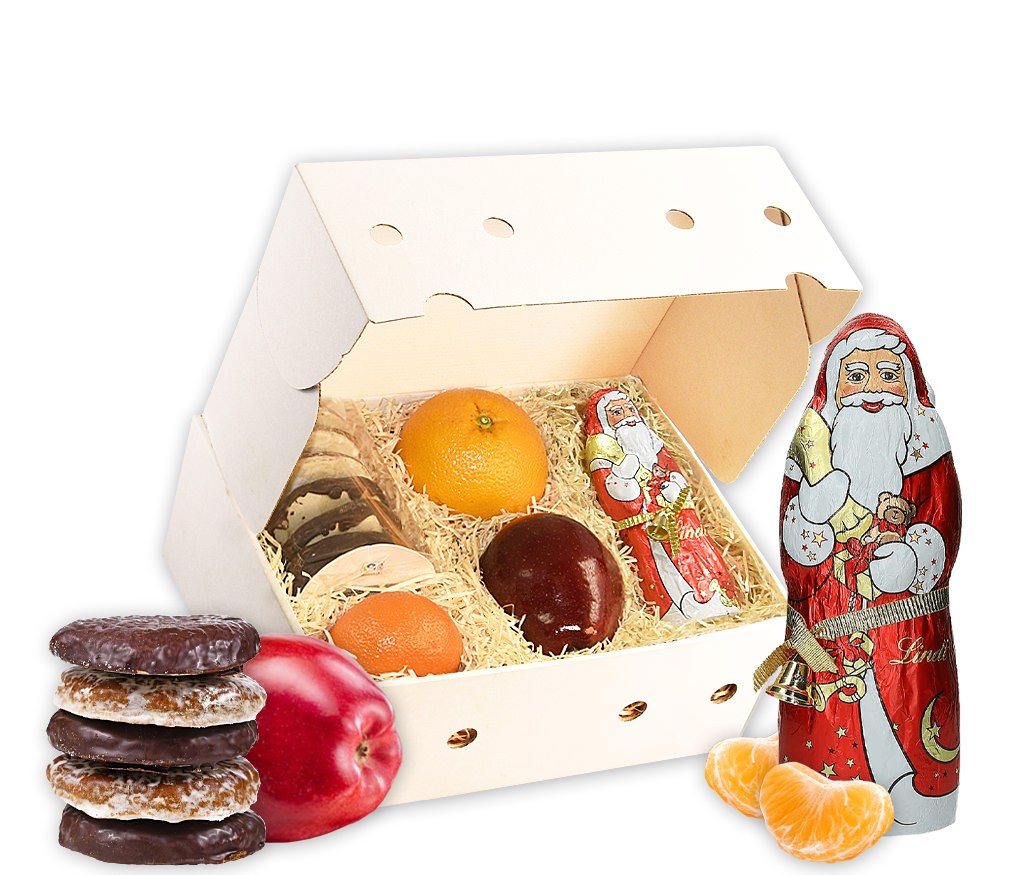 Geschenkbox Knecht Ruprecht mit Lebkuchen, Nougat, Nusskernen und frischem Obst