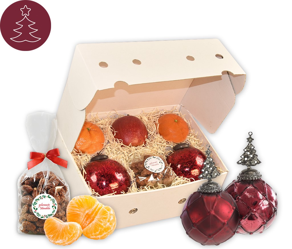 Obstbox Weihnachtskugeln mit frischem Obst, gebrannten Mandeln und roten Weihnachtskugeln aus Craque-Glas