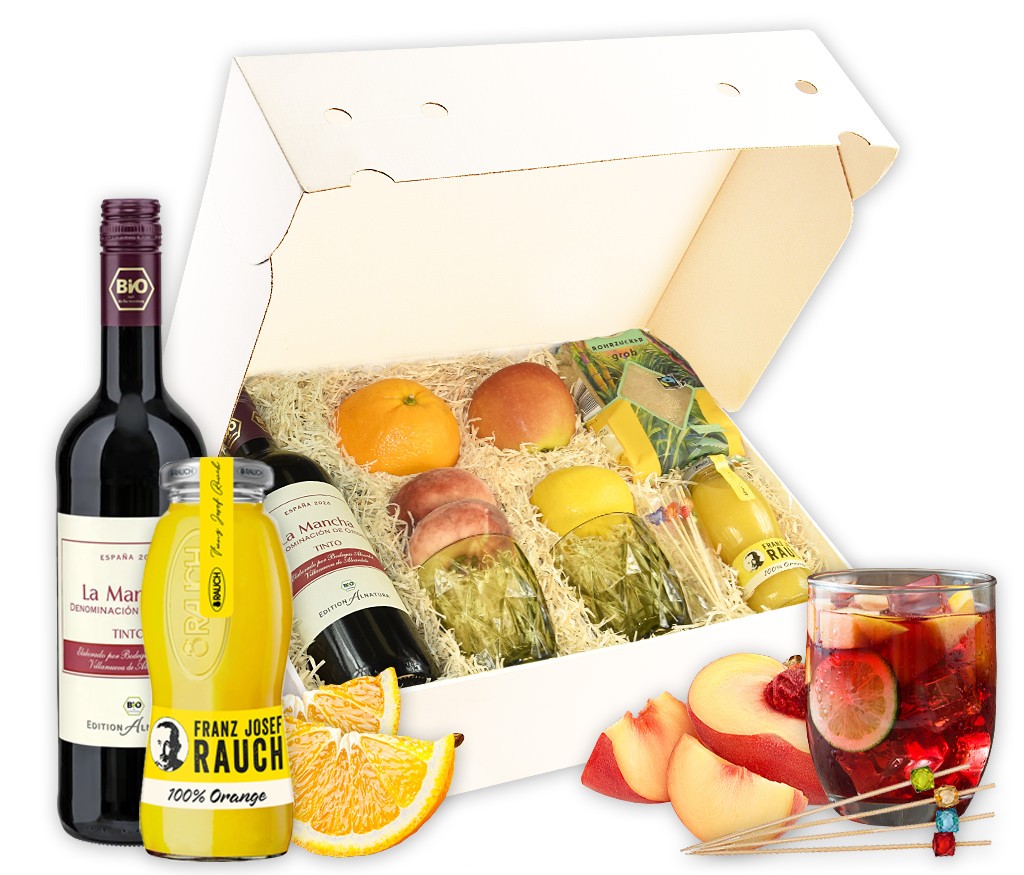 Geschenkbox Sangrai Genuss-Set mit spanischem Rotwein, Orangensaft, Rohrzucker, Gläsern, Spießen und frischem Obst