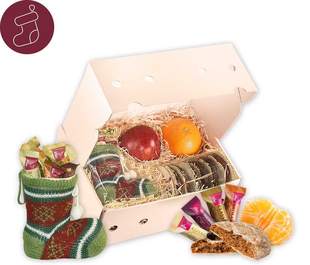 Obstbox Nikolausstiefel mit frischem Obst, Lebkuchen und Heidel Schokolade im Stiefel