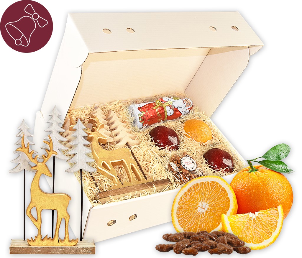 Geschenkbox Goldene Weihnachtszeit mit Weihnachtsdeko, gebrannten Mandeln, Lebkuchen und Obst