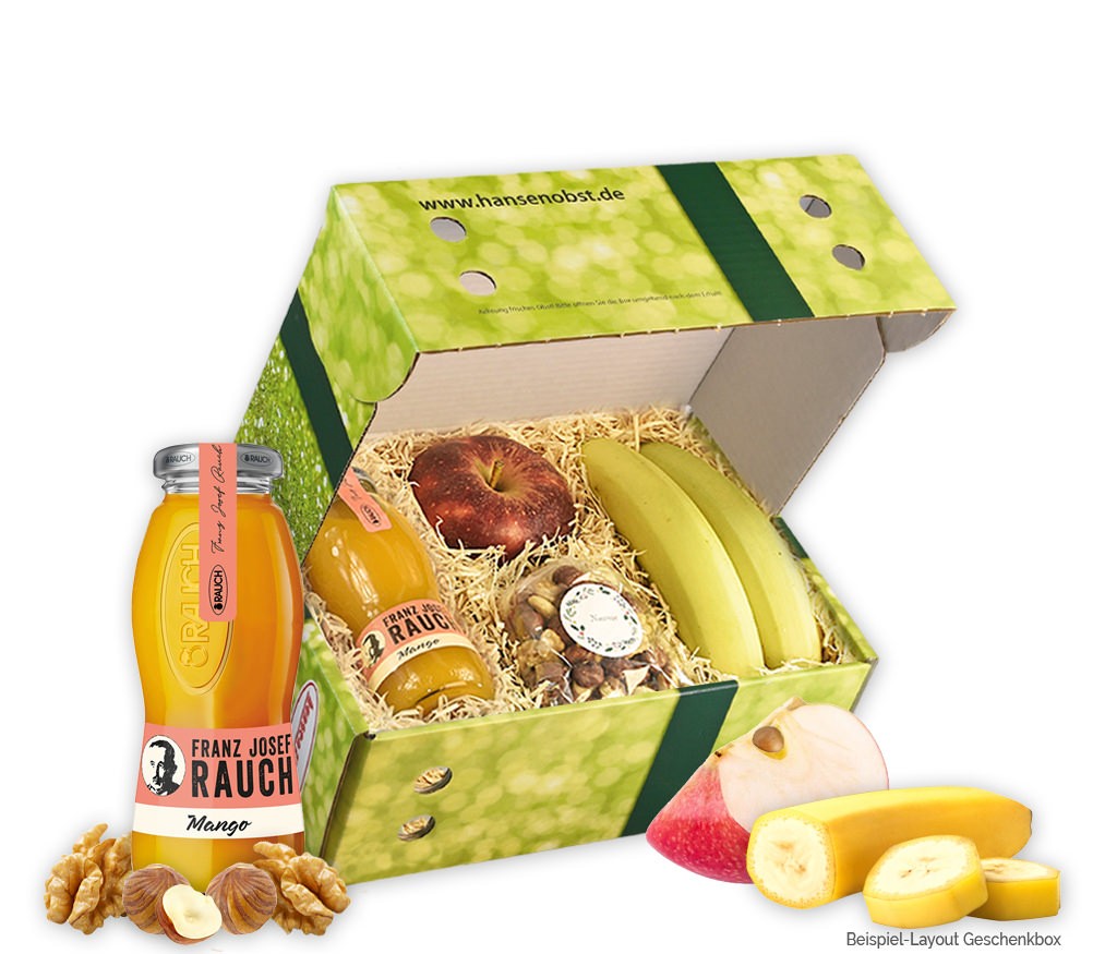 Geschenkbox Top-Runners mit Mangosaft, Nusskernen und frischem Obst