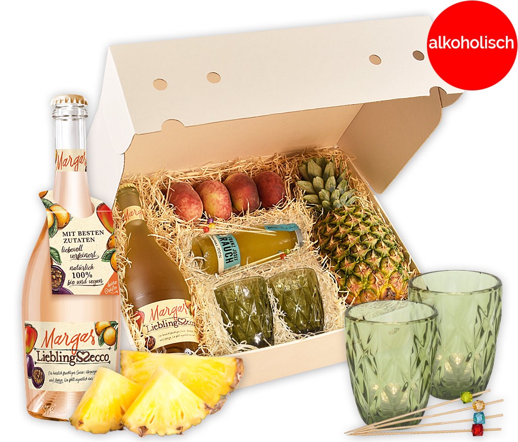 Geschenkbox Sommerbowle mit Früchten, Gläsern, Spießen, Saft und Secco