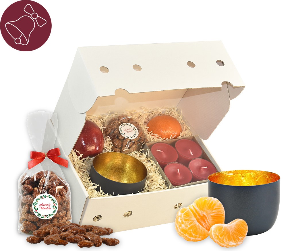 Geschenkbox Goldhauch mit Metallwindlicht, Teelichtern, weihnachtlichen Naschereien und Obst