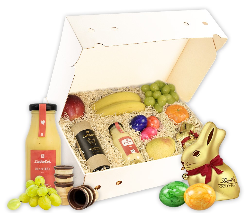 Obstbox Osterlikörchen mit handgemachten Eierlikör, Waffelbechern, bunten Eiern, Schokoladenhasen und frischem Obst