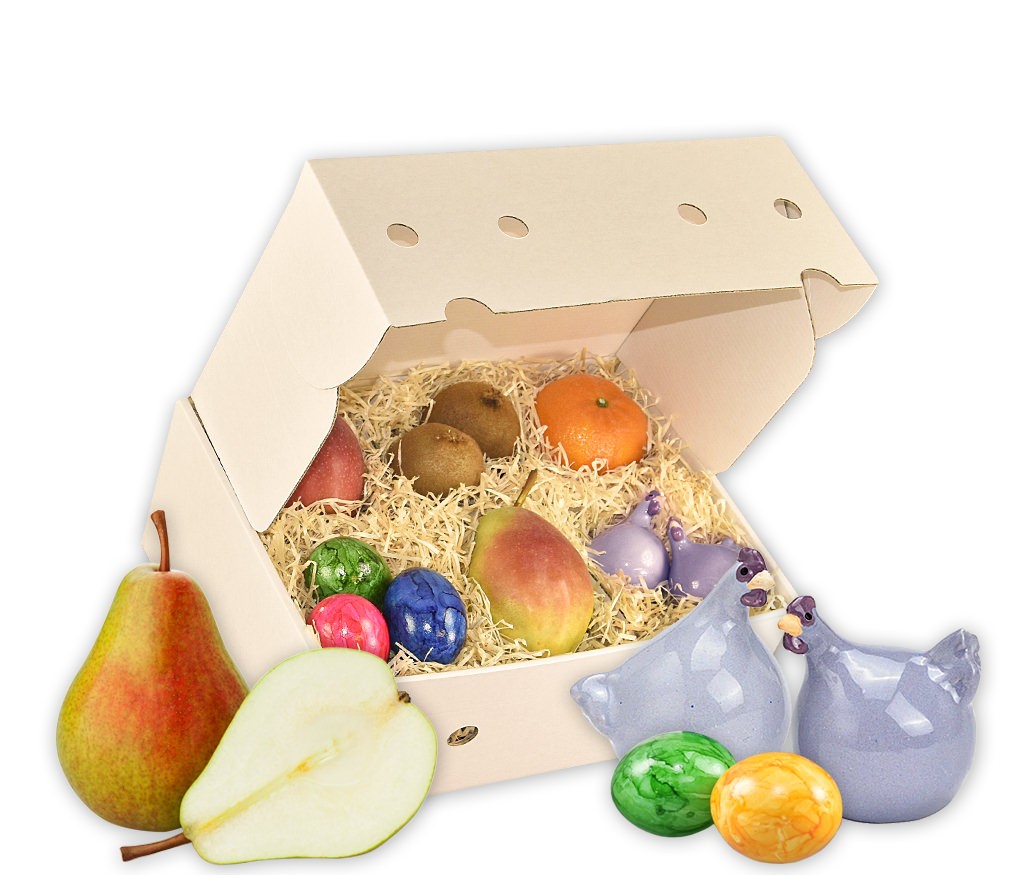 Obstbox Osterspaß mit Keramikhühnern, bunten Ostereiern und frischem Obst