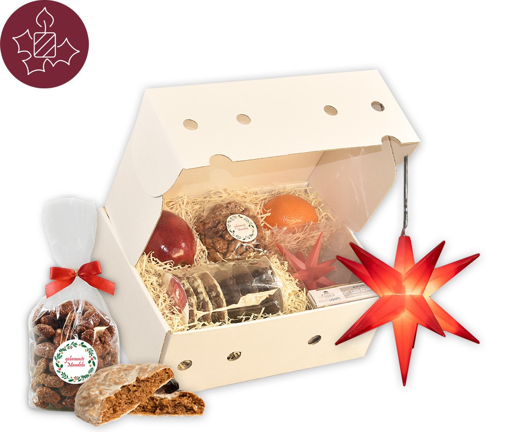 Geschenkbox Weihnachtsstern mit 3-D-Leuchtstern, gebrannten Mandeln, Lebkuchen und frischem Obst