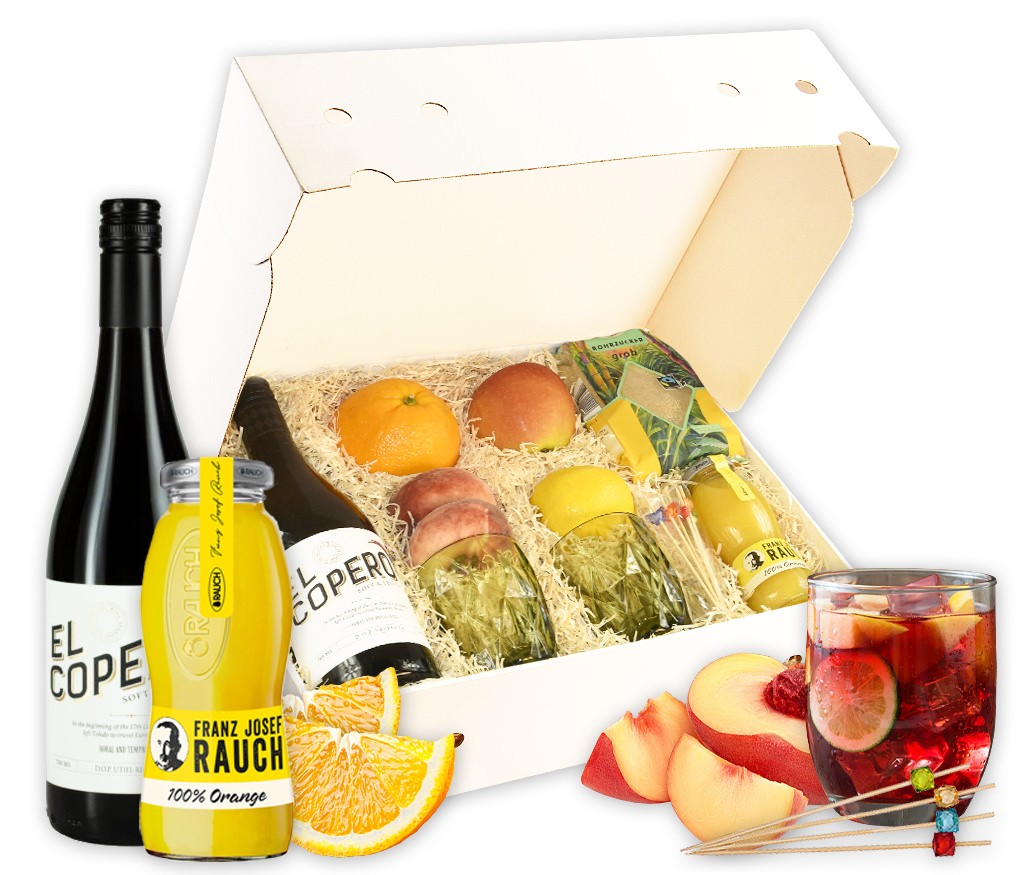 Geschenkbox Sangrai Genuss-Set mit spanischem Rotwein, Orangensaft, Rohrzucker, Gläsern, Spießen und frischem Obst