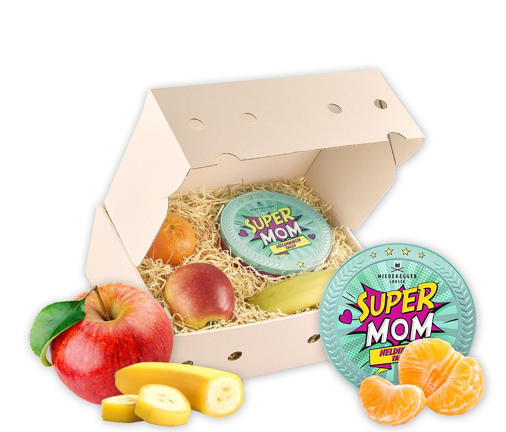 Geschenkbox Super Mom mit frischem Obst und Marzipan-Torte