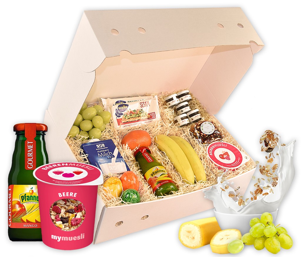 Geschenkbox "Gesunder Start in den Tag" mit Wasa, Marmelade, Müsli, Milch, Eiern. Tee, Saft und frischem Obst
