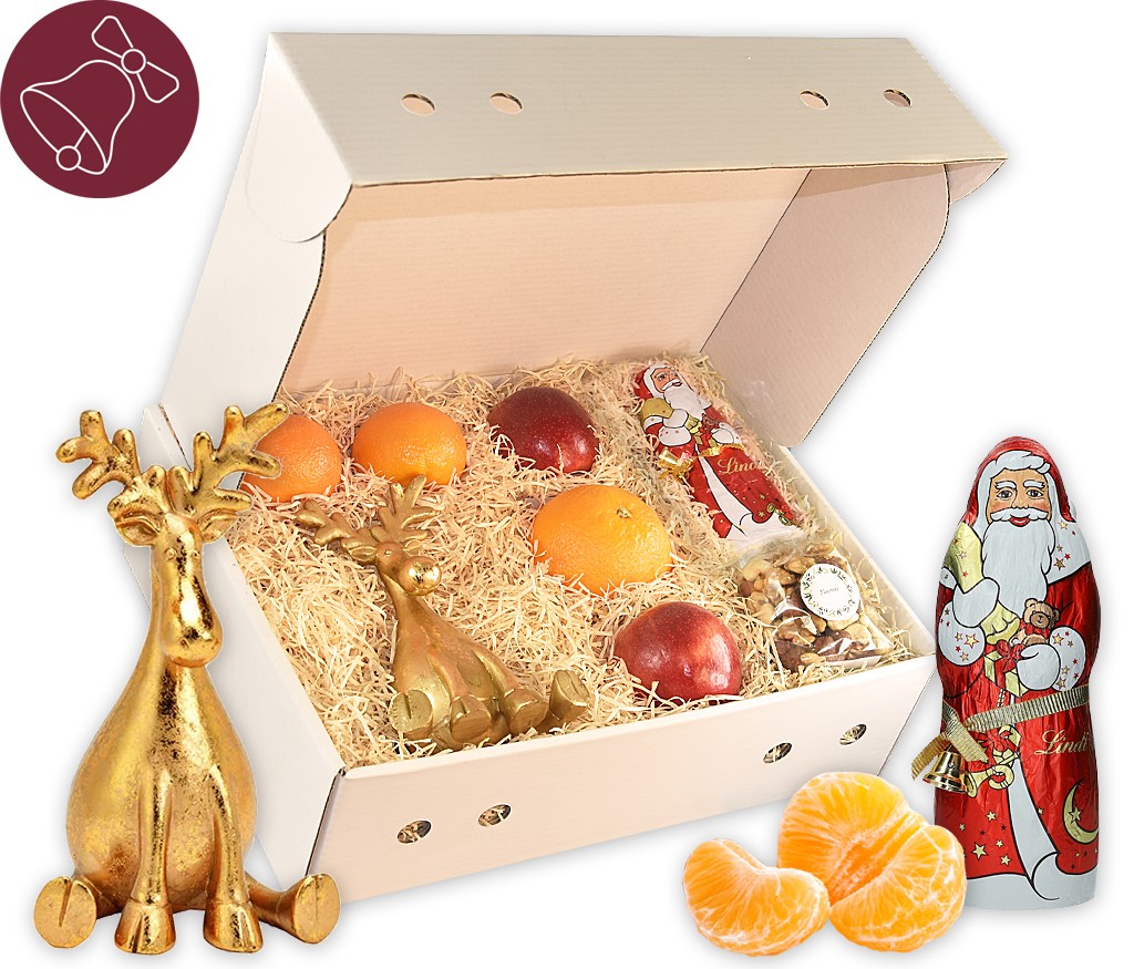 Obstbox mit goldenem Elch, Lebkuchen, Nusskernen und frischem Obst