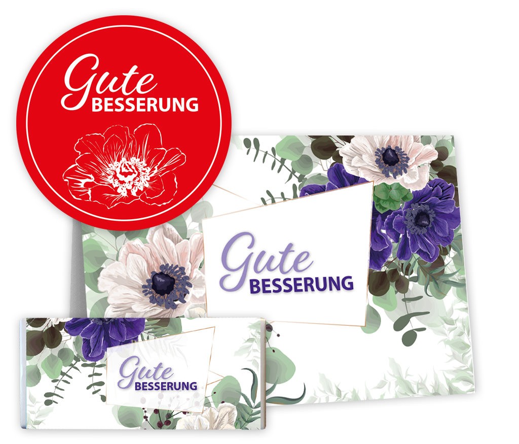 Set Grußbotschaft "Gute Besserung" mit Grußkarte, Schokolade & Aufkleber