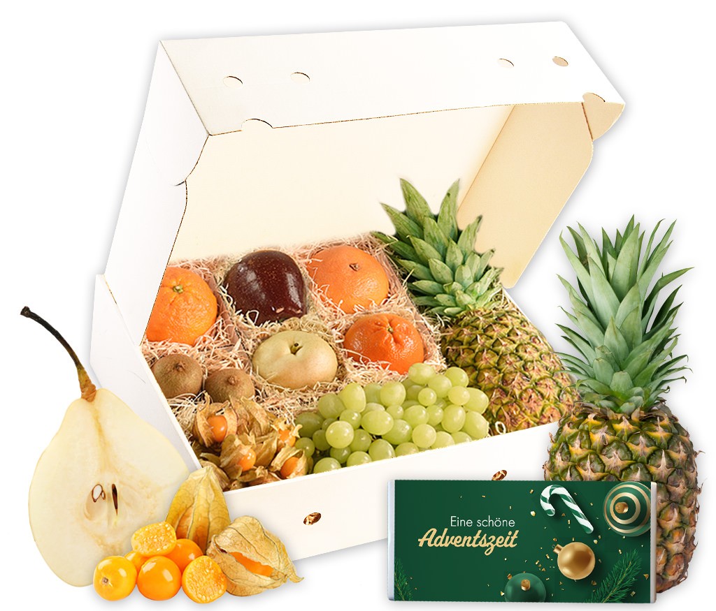 Obstbox Weihnachtliche Grußbotschaften mit frischem Obst und Schokolade mit weihnachtlicher Grußbotschaft