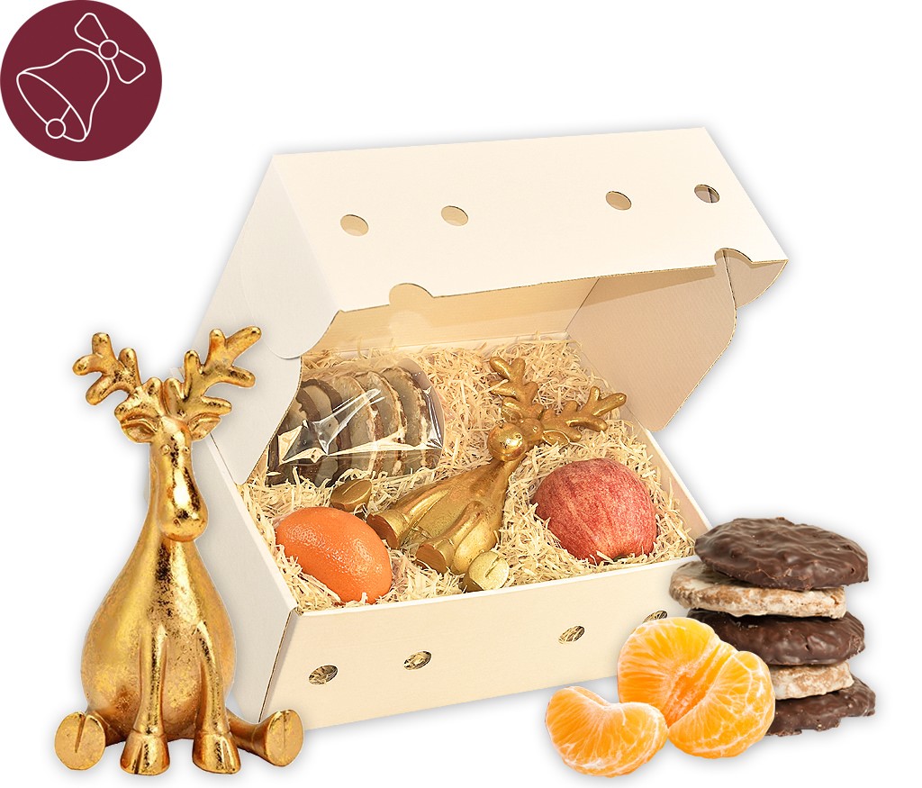 Obstbox mit goldenem Elch, Lebkuchen, Nusskernen und frischem Obst