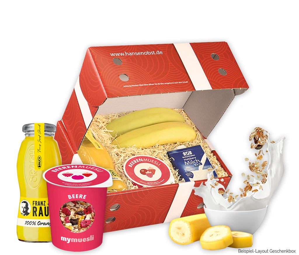 Geschenkbox "Für Kreativhelden" mit beerenmüsli, H-Vollmilch, Orangensaft und frischem Obst