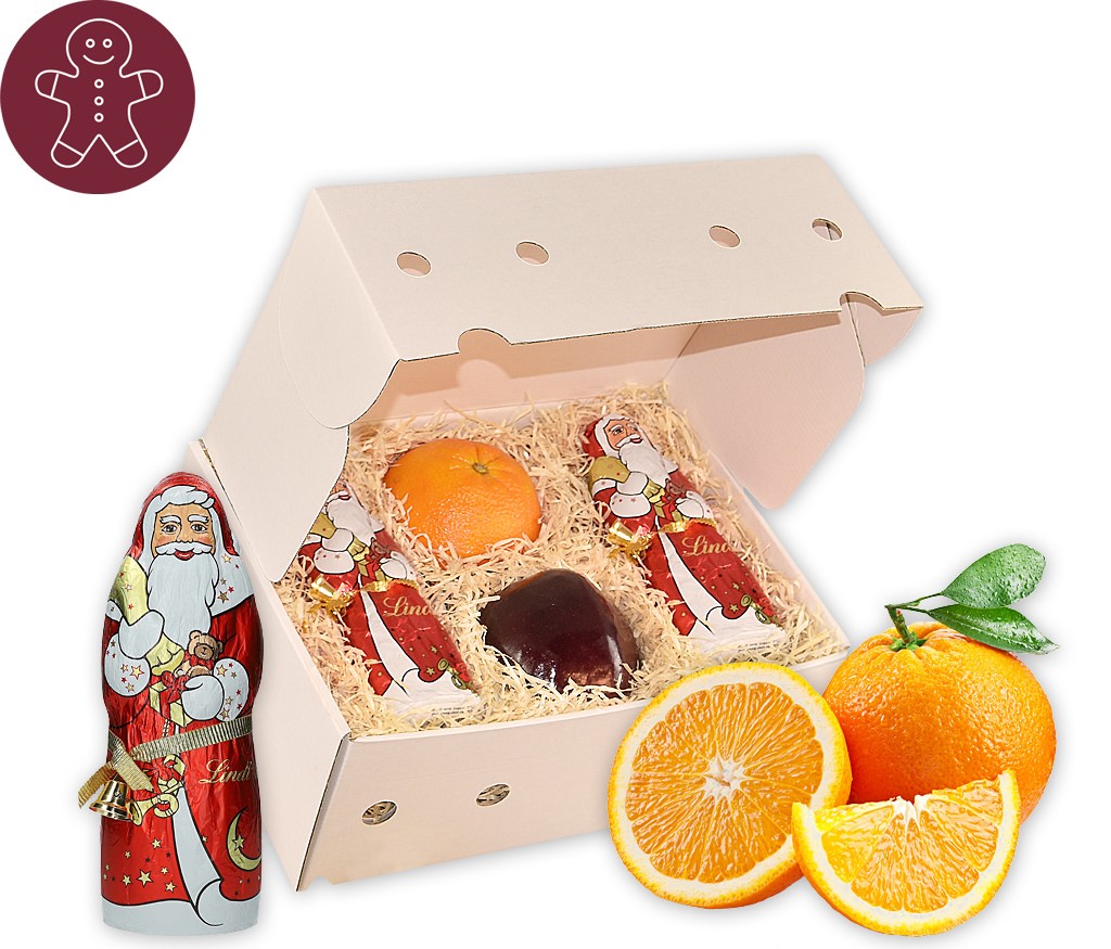Geschenkbox Knecht Ruprecht mit zartschmelzener Schokolade und frischem Obst