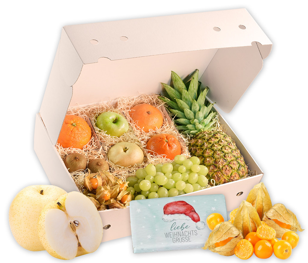 Obstbox Weihnachtliche Grußbotschaften, knackige und vitaminreiche Früchte und weihnachtliche Schokolade in einer schönen Geschenkbox