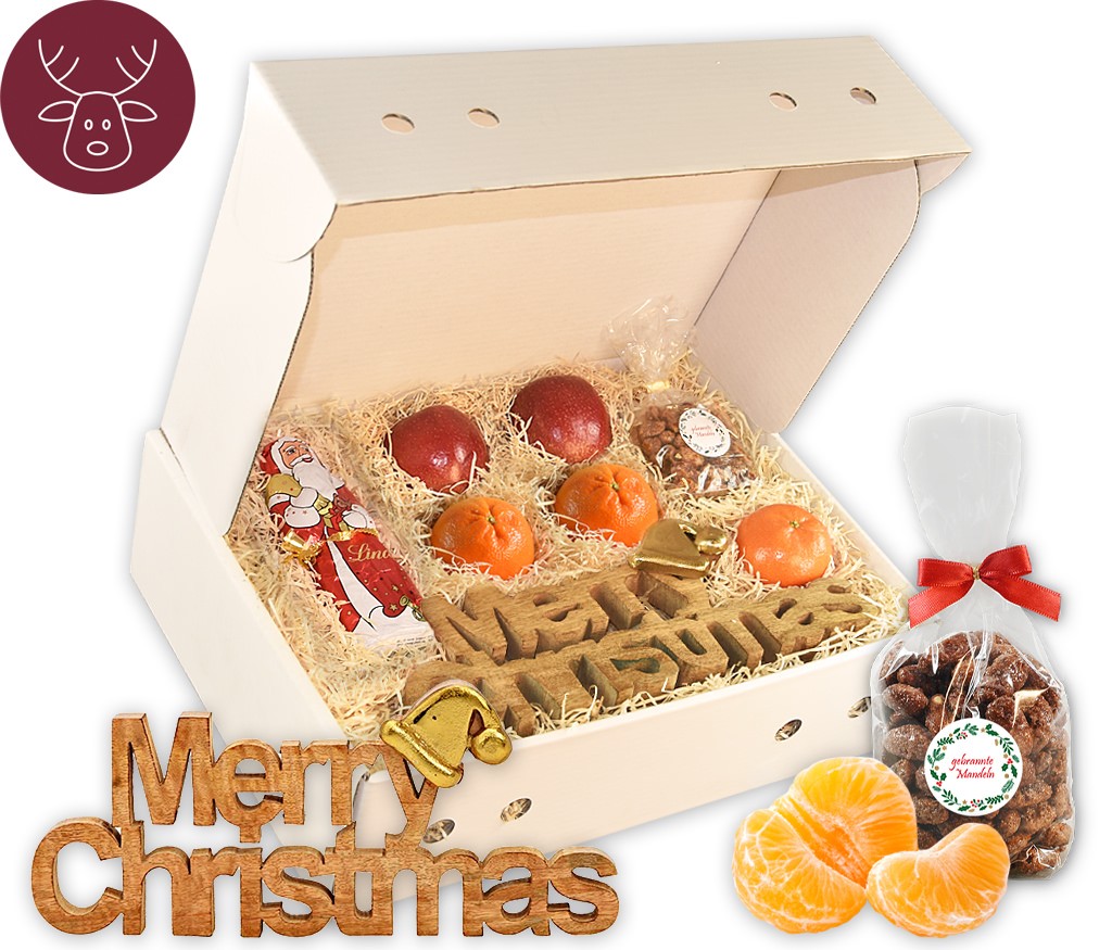 Obstbox Merry Christmas mit Mangoholz-Schriftzug, gebrannten Mandeln, Lebkuchen und frischem Obst