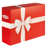 Verpackungsdesign: "Die Klassische" (rote Box mit weißer Schleife)