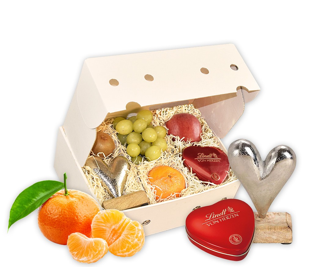 Obstbox Ich schenk dir mein Herz mit kleinem Metallherz, Marzipanherzen und frischem Obst