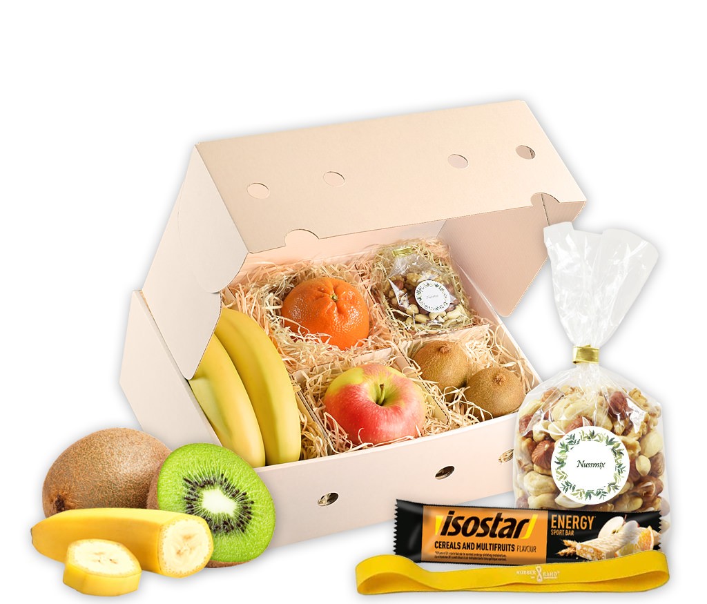 Geschenkbox Mitarbeitergesundheit mit frischem Obst, Nusskernen, Rubberband und Energieriegel
