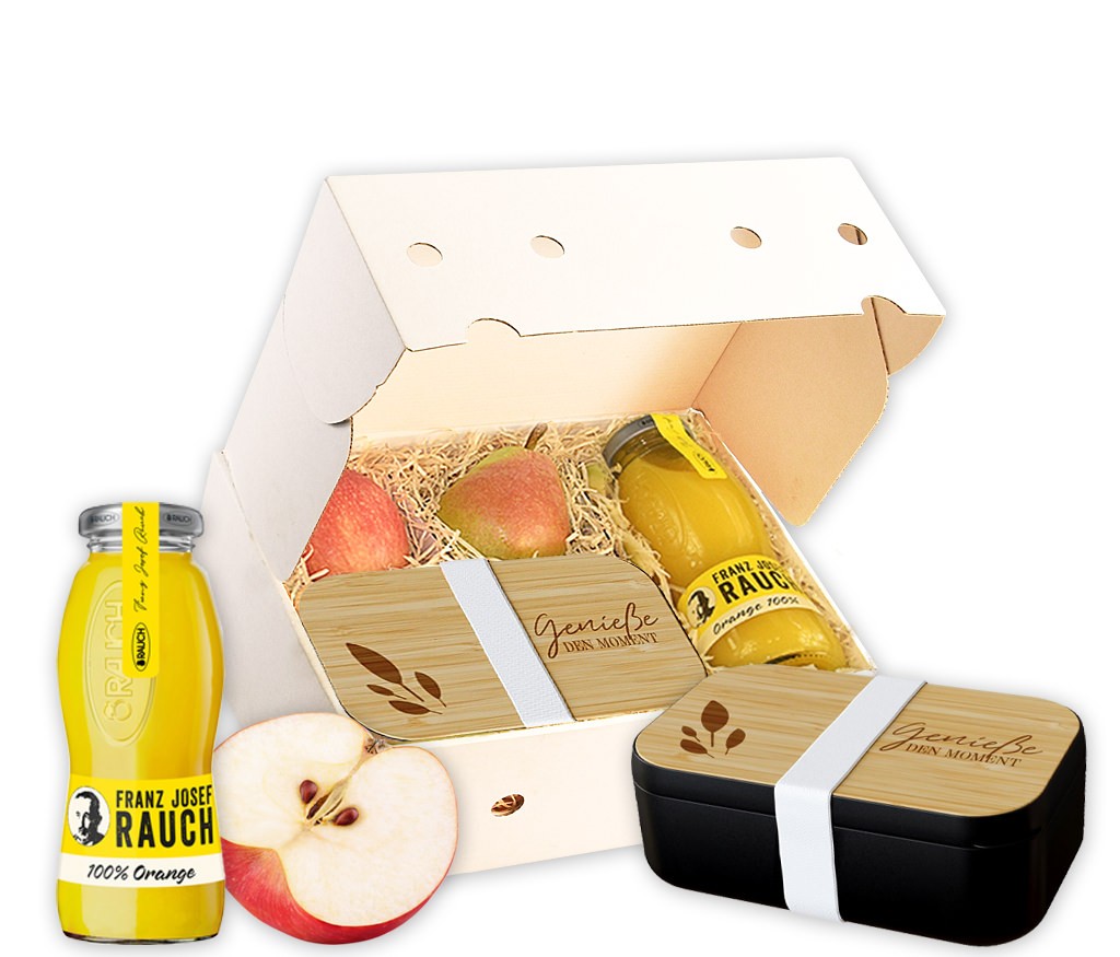 Rucksack-Box mit Orangensaft, Brotdose und frischem Obst